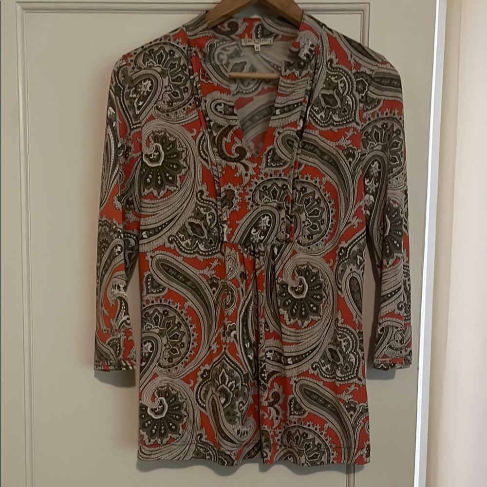 Etro Graphic Orange and Gray Blouse with 3/4 Sleeves